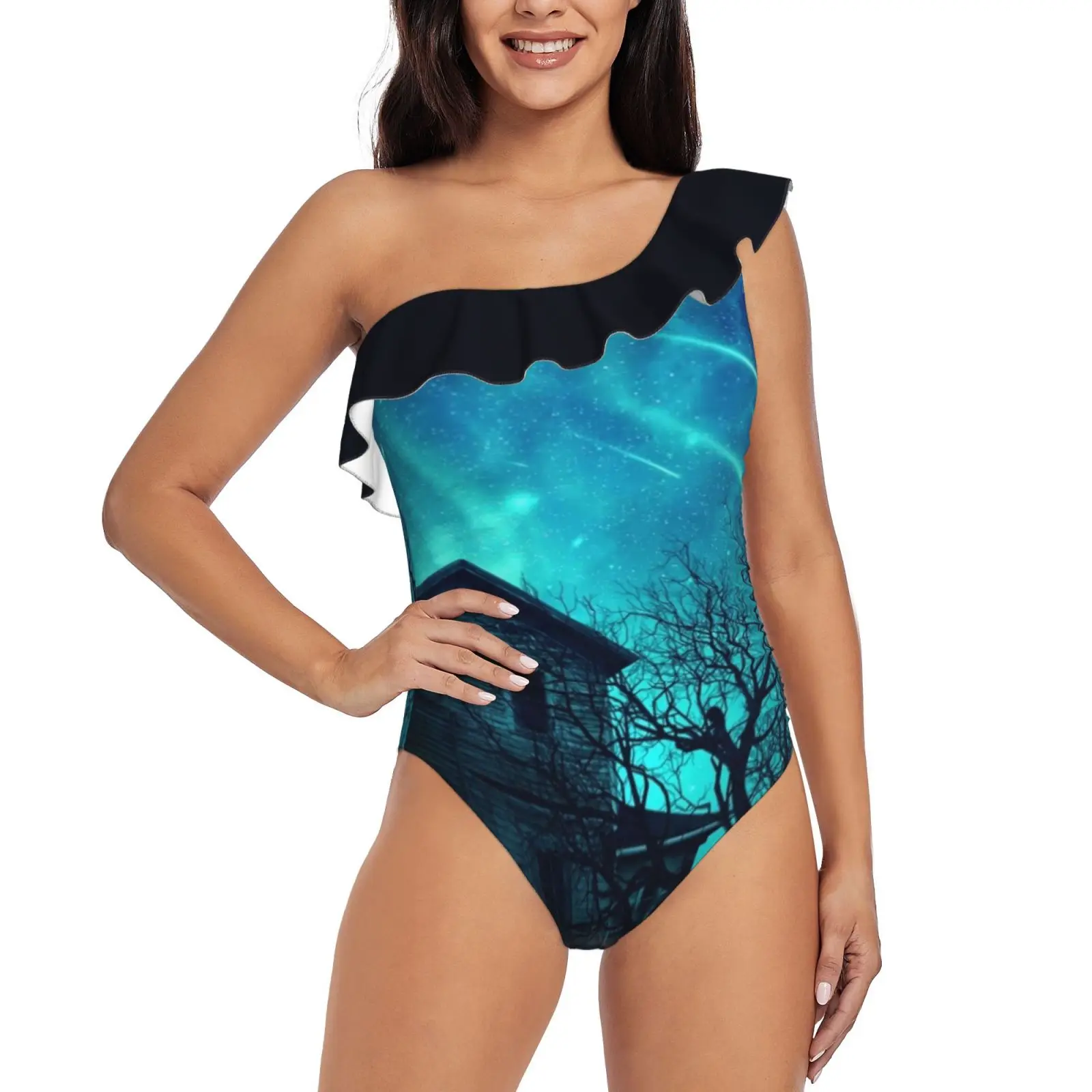 

No One Home One Piece Swimwear One Shoulder Ruffle Swimsuit Women Backless Bathing Suit Ghost House Hell Tree Night Old Dark