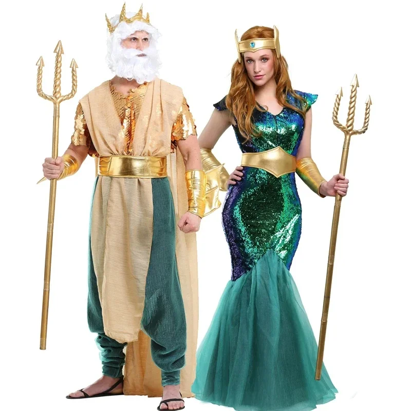 FC6Women Sea Siren Mermaid Queen Costume Staff Men's Poseidon Costumes Adult Egypt Egyptian Pharaoh Prince King Cosplay Fan@FC8！