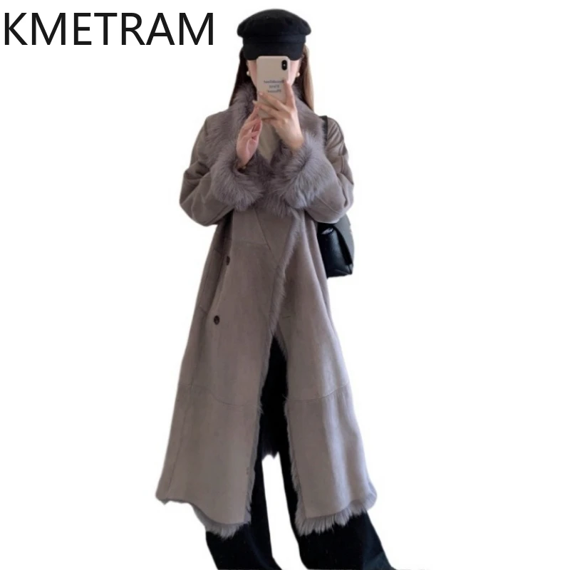

KMETRAM Natural Goatskin with Wool Attached Coat Women Luxury Long Real Fur Coats 2025 New in Outerwears Winter Woman Clothing