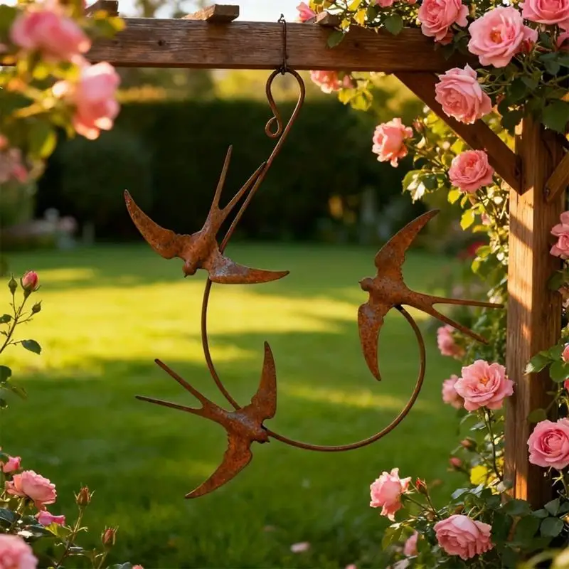 Handcrafted Rusty Iron 3 Flying Swallows Statue Hanging Ornament Indoor Outdoor X3UC