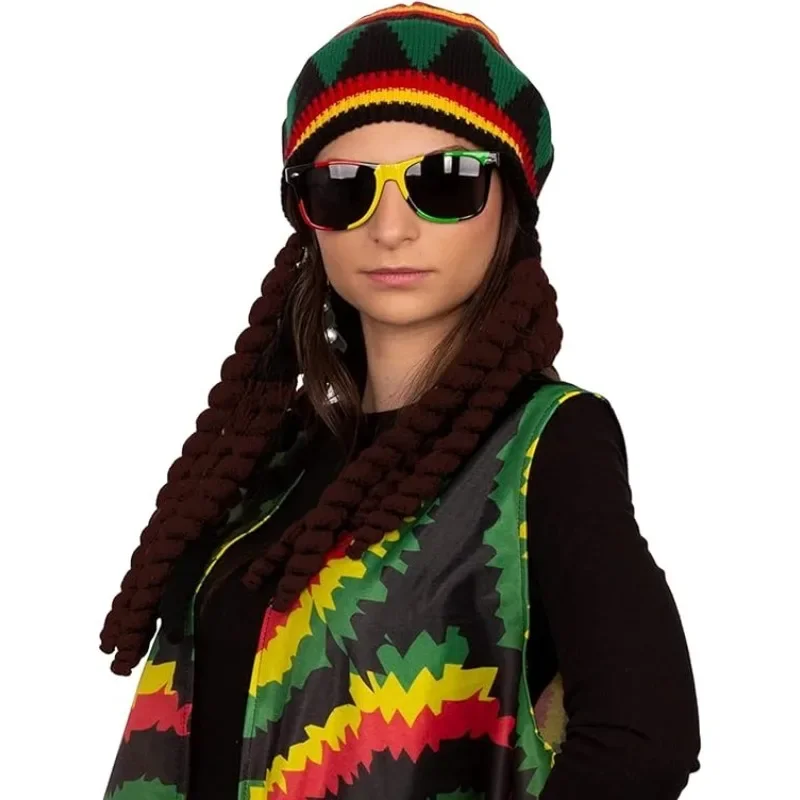 Gorro de punto con trenza, gorro jamaicano Bob Rasta, elástico, lavable para rastas, peluca Bob Marley, vestido elegante caribeño y sombreros de playa