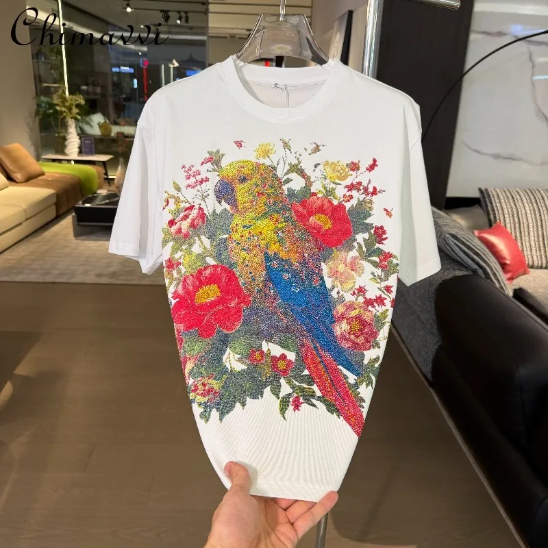 

2026 Summer New Fashion Heavy Parrot Hot Diamond Loose Round Neck Short Sleeve T-shirt Men's Short Sleeve Handsome Casual Tops