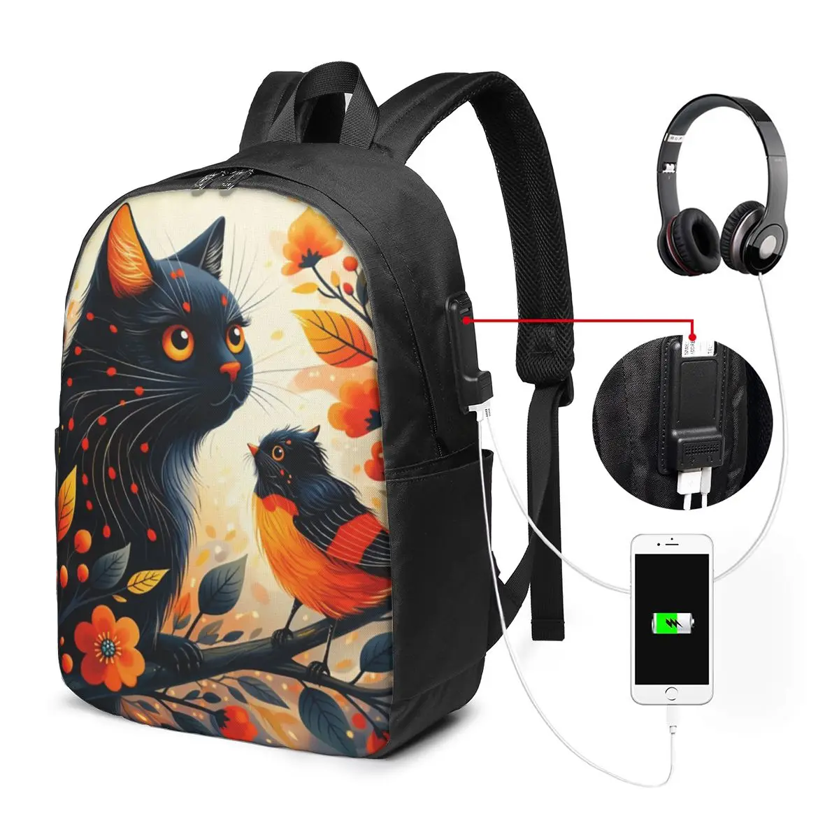 Eastern Black Cat And Floral Bird Design Backpack Travel Notebook Bag Computer College Student School Bag Laptop Shoulder Bags