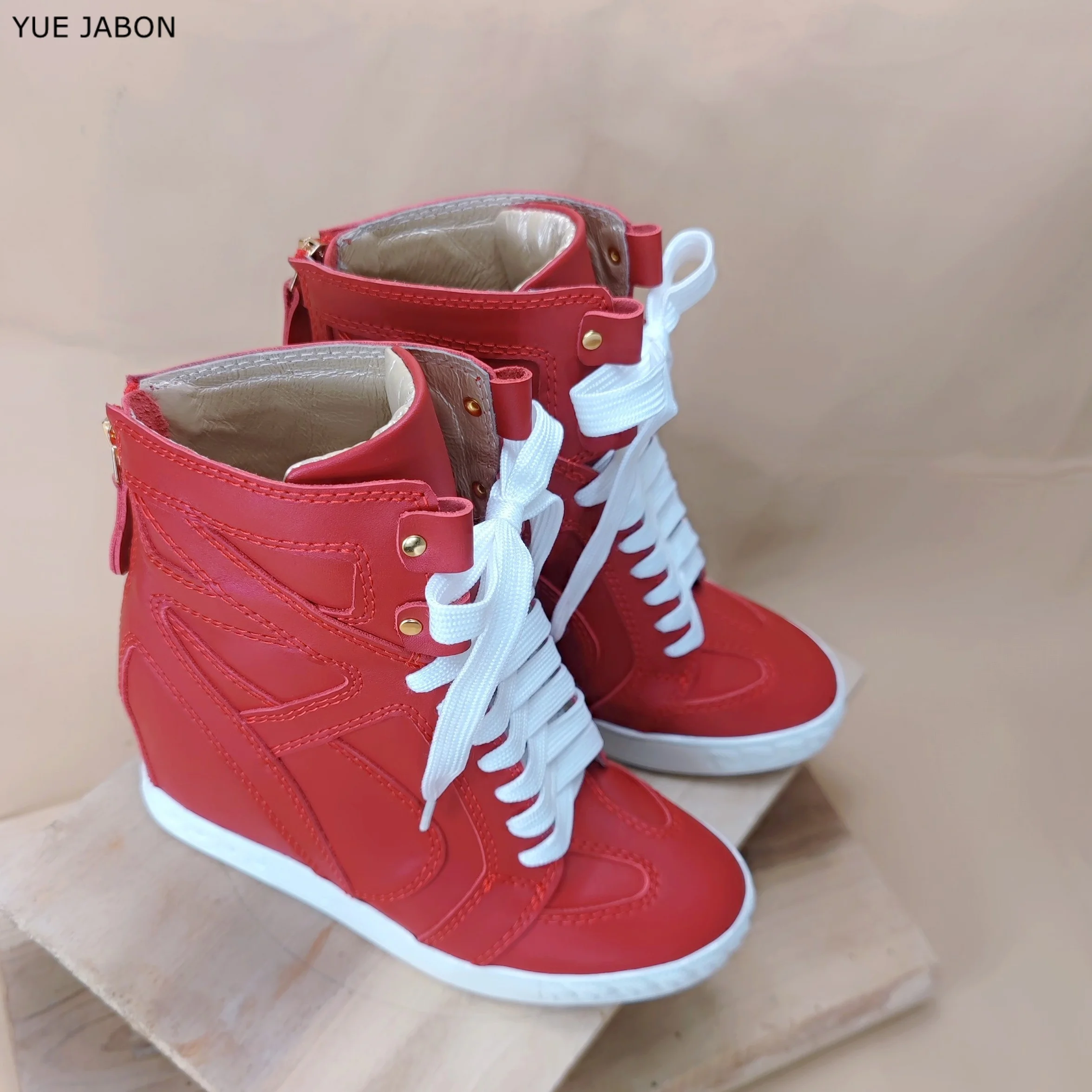 Red Spring Autumn Cow Leather Western Boots Round Toe Women Casual Shoes Thick Sole Ladies Increased Heel Shoes High-top Shoes