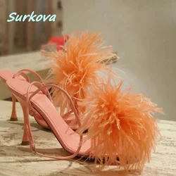 Orange Ostrich Feather Sandals 2024 New Arrival Summer Sexy Thin High Heels Fashion Luxury All Match Party Temperamen Shoes