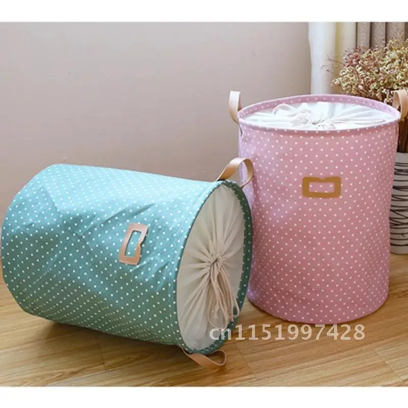 Spacious Foldable Laundry Basket Polka Dots Toys Storage Bag Cinch Closure Dirty Clothes Bucket Laundry Bag