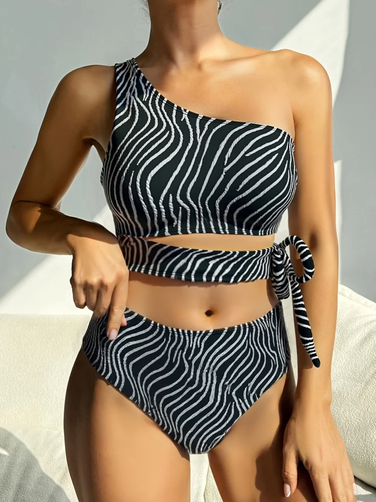 

Bikini Women Swimsuit 2026 New Black Striped One Shoulder Bikinis Set Sexy High Waist Swimwear Summer Beach Bathing Suit Female