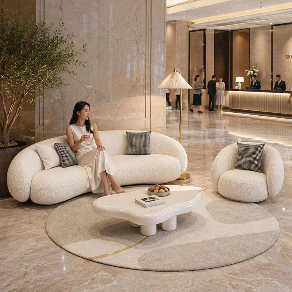 Customizable Modern Curved Boucle Office Lobby Sofa Set Hotel Reception Seating Luxury Teddy Fabric Lounge Public Furnitures OEM