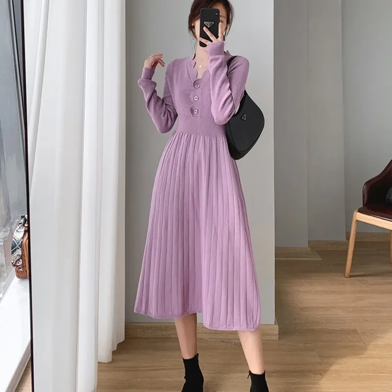 

Pleated Dress Women Long Sleeve Fashion Korean Woman Sweater Knitted Dresses Elegant Skirt Midi Dress Beige Black Autumn 2023