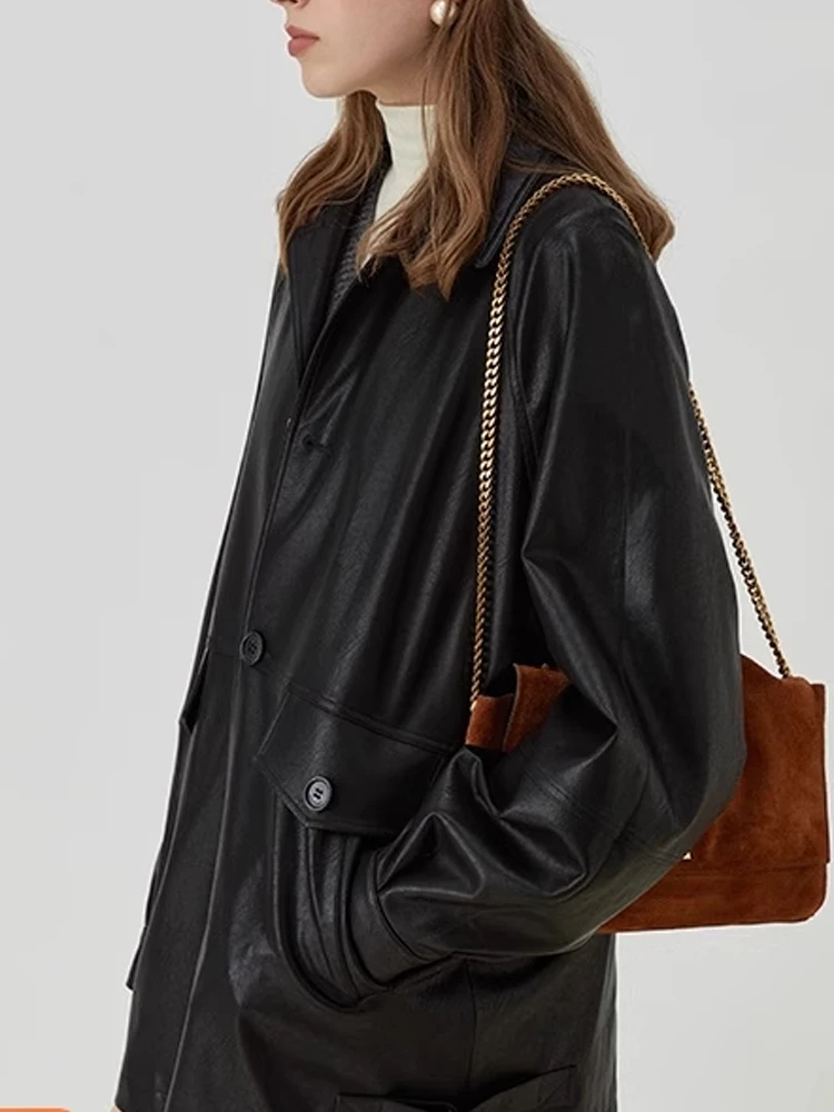 Laid-ba Retro Sle Bla solapa motocicleta Jaet mujer ecológico abrigo de cuero PU principios de otoño nueva llegada viaje Sle