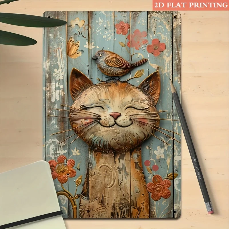 Letrero de metal retro 2D plano de gato y pájaro Good Times, pinturas decorativas de estaño colgantes para interiores y exteriores