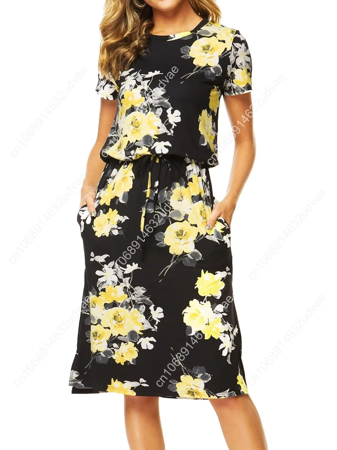 

Womens Summer Hide Belly Knee Length Travel Dress Pocket 2025 Spring Short Sleeve Midi Work Casual Teacher Outfits