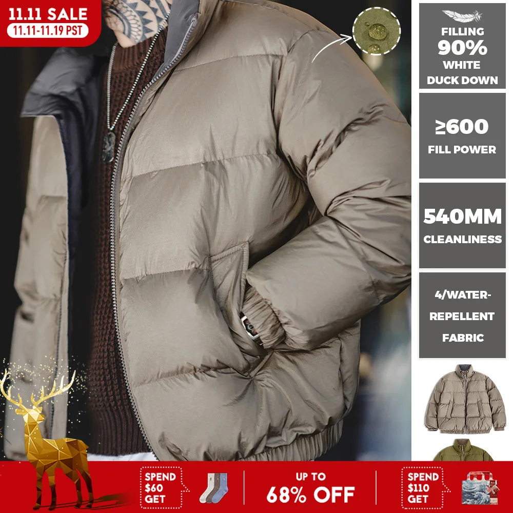 Maden zimowa dwustronna kurtka puchowa dla mężczyzn biały puch kaczy wypełnienie wszechstronny kołnierz ze stójką ciepły płaszcz męski kurtka w jednolitym kolorze