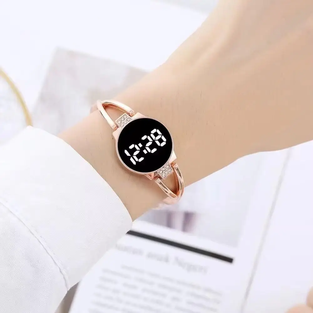 Female Touch Screen LED Watch Rhinestone Metal Bracelet Bangle Watch Steel Band LED Display Digital Watch Daily Wear