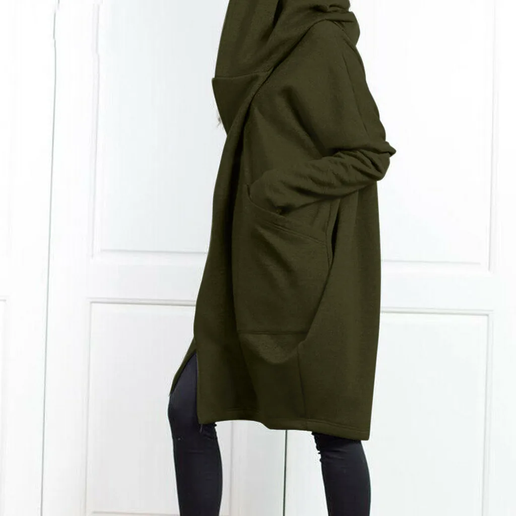 Damen-Kapuzenpullover mit Taschen, Reißverschluss, mittellanger, lockerer Mantel, zweiteiliger Look, lässige Oberbekleidung – Detail 9