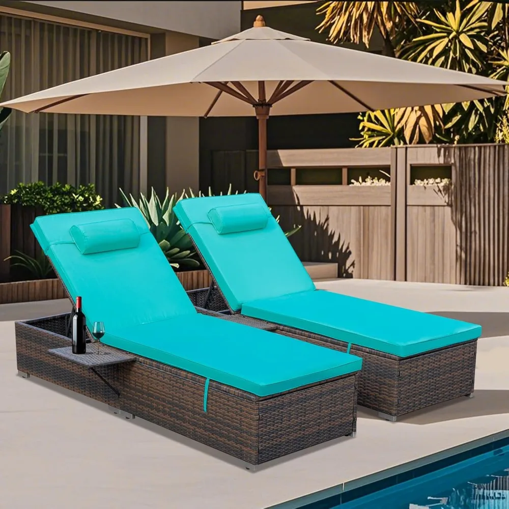 

2-Piece PE Rattan Chaise Lounge Set - Adjustable Recliners with Cushions,Pillows Side Table for Poolside,Patio Garden Relaxation