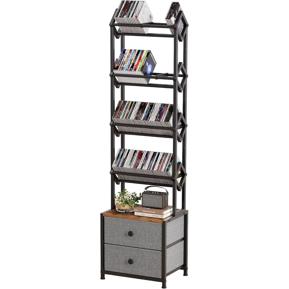 

US Shipping 5 Tier CD DVD Storage Rack with Drawers, Media Organizer Shelf for Books Games, Living Room Home Office