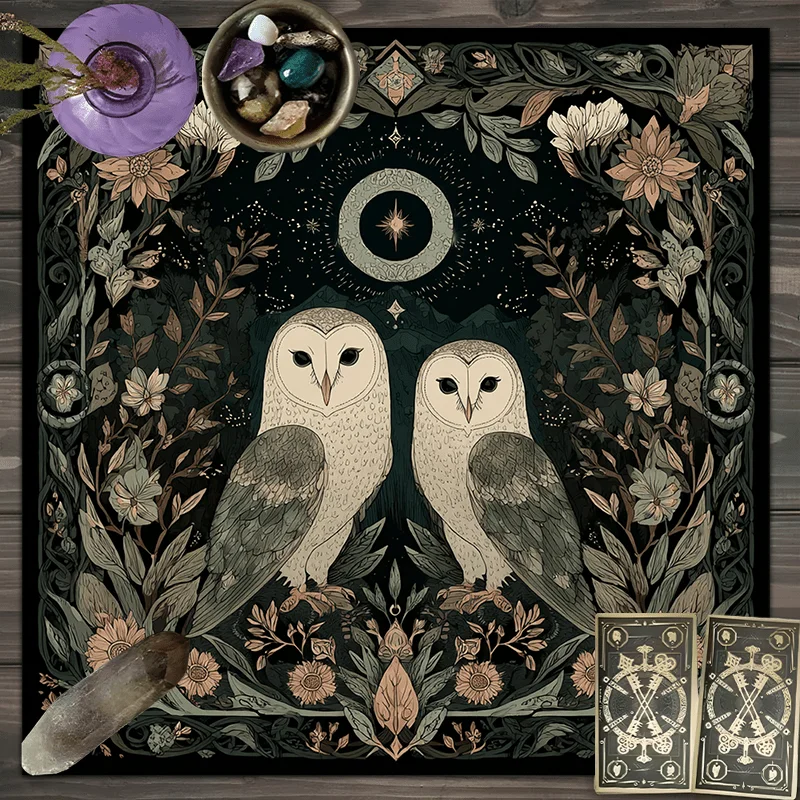 Nappe d'autel Mystique Hibou et Lune, Noir et Vert, Phases de Lune Pleine, en Polyester, pour Lecture de Tarot, Décoration Sorcellerie, Facile à Nettoyer