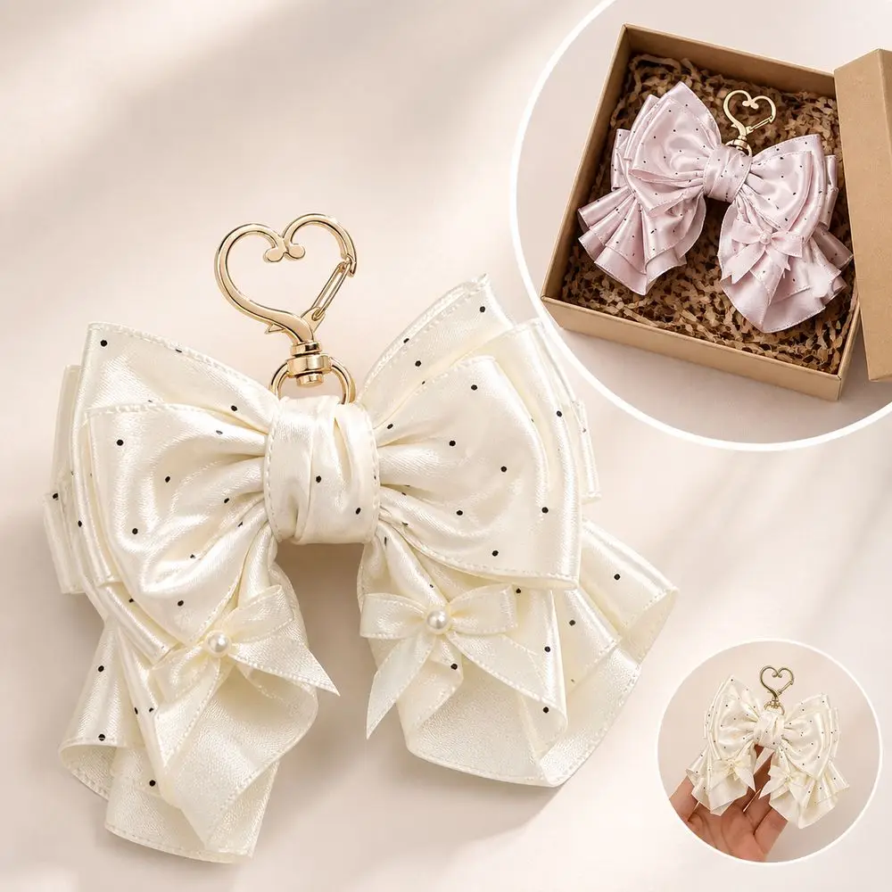 Handmade Polka Dot Bow Keychain Satin Ribbon Polka Dot Pattern Satin Ribbon Bag Pendant Sweet Girly Style Bow Bag Charm
