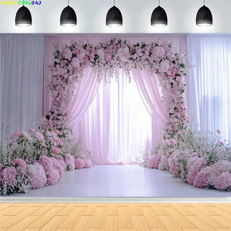 Fundo de palco um casamento elegante rosa floral pano de fundo sonhador cortinas transparentes e flores em cascata photo studio adereços CV-03