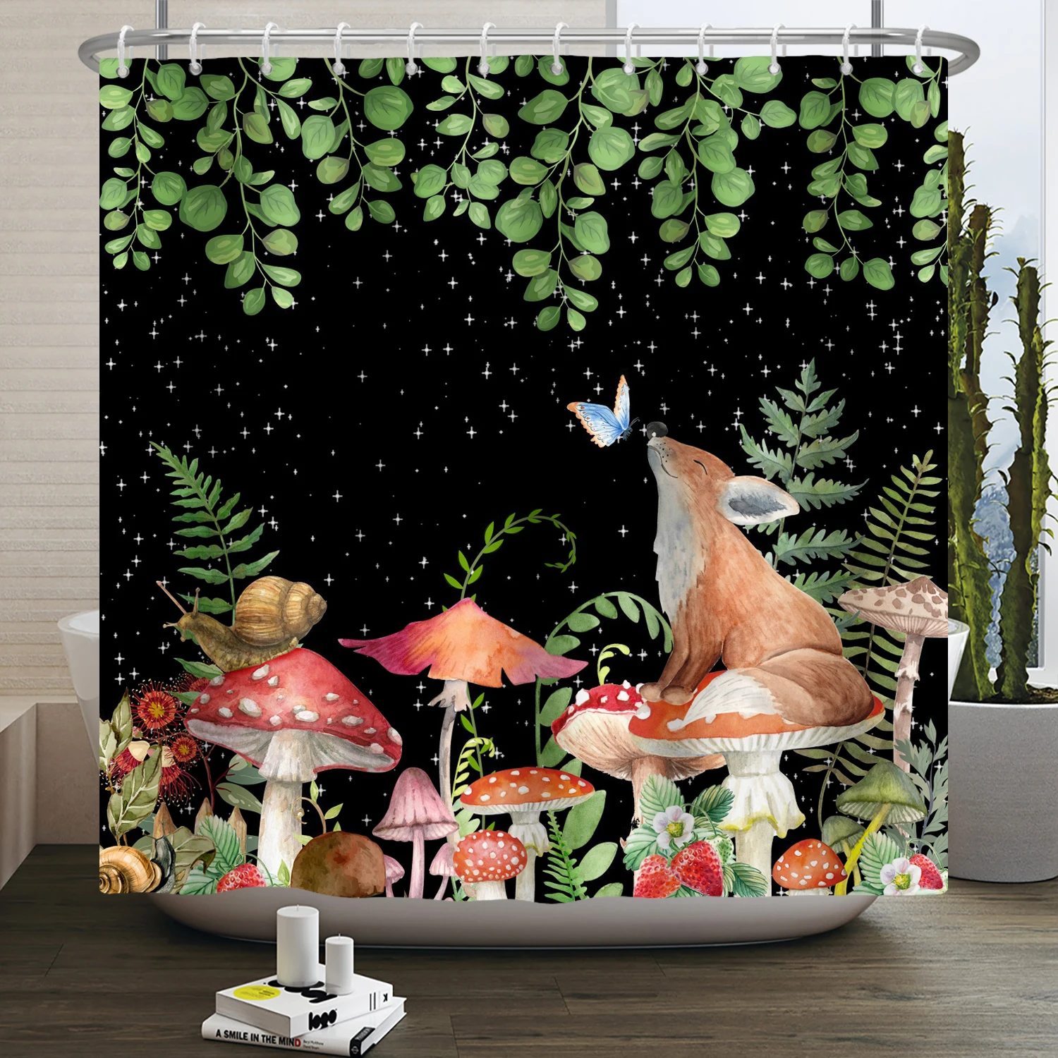 Mushroom Shower Curtain Flower Green Leaf Plant Forest Butterfly Botanical Floral Squirrel Aesthetic Waterproof Bathroom Curtain