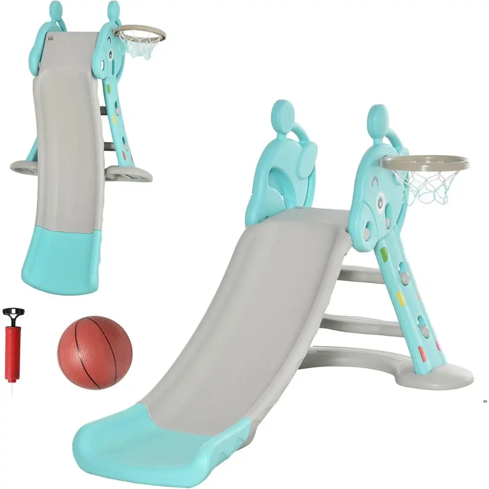 Tobogán con aro de baloncesto para niños pequeños, juego con forma de ciervo para edades de 18 meses a 4 años, con baloncesto y bomba - Azul
