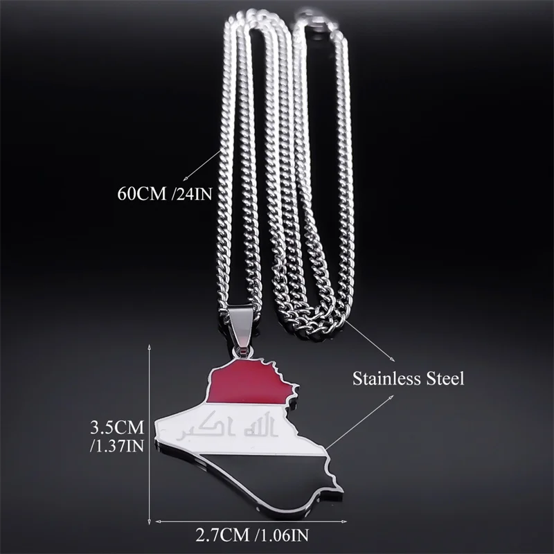 Iraq Republic Map Country Flag Pendant Necklace Women Men Stainless Steel Silver Color National Day Jewelry Accessories NXXXXS05