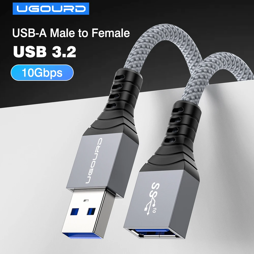 UGOURD USB 3.2 Gen2 USB-A Stecker auf USB-A Buchse Verlängerungskabel 10Gbps Datensynchronisation 60W Nylon-Geflecht USB3 Verlängerungskabel für PC TV