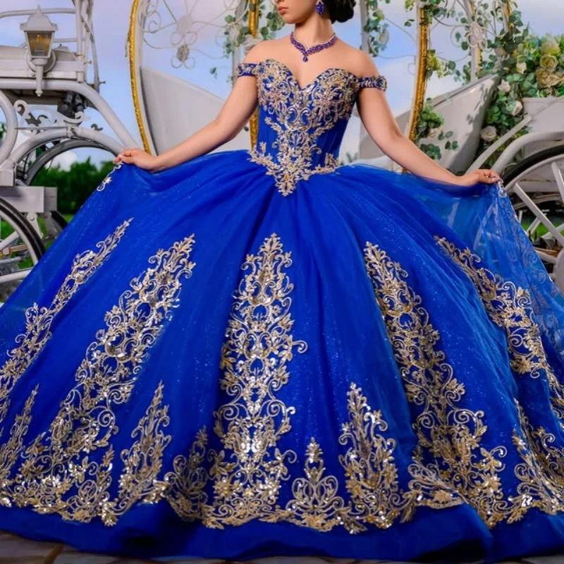 

Shiny royal blue Quinceanera Dress off-shoulder golden glitter Decal Lace Long tail Bow Vestidos De 15 Quinceanera ﻿Customize