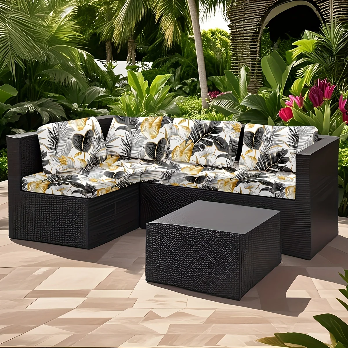 6/8pcs Outdoor Sofa Cushion Cover, Black Gold Tropical Leaf Print Waterproof Sofa Slipcovers for Garden