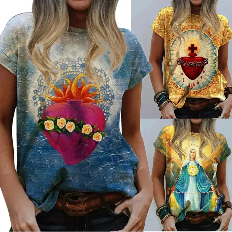 Virgin Mary O Neck Ladies Summer Casual Harajuku Oversized T Shirt Crew Streetwear Jesus Religious 3D Print Tops Tees