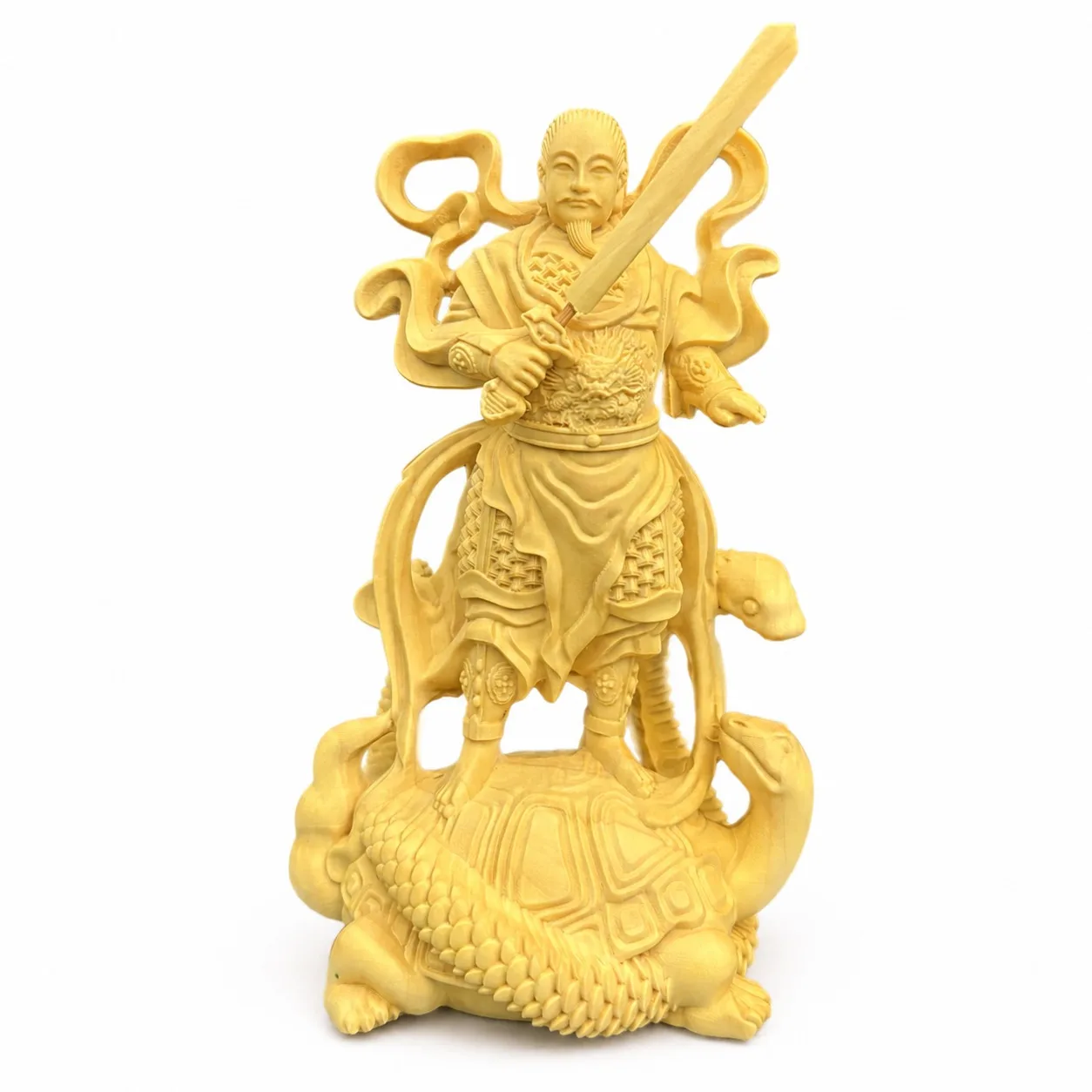 Hand Carved Boxwood Xuantian Shangdi Zhenwu Statue for Traditional Chinese Feng Shui Home Living Room Desk Decor Gift