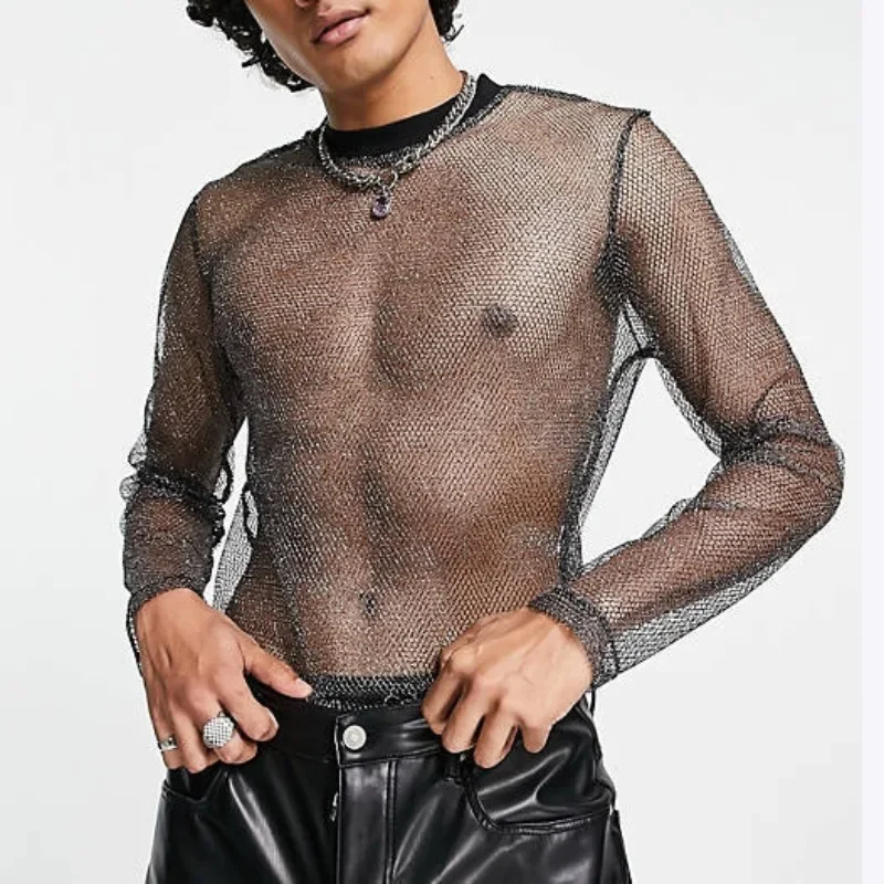 Long Sleeved Drop Shoulder Perspective Tshirt for Men Sexy Nightclub Wear Shiny and Breathable Mesh Shirt Mens Performance Wear