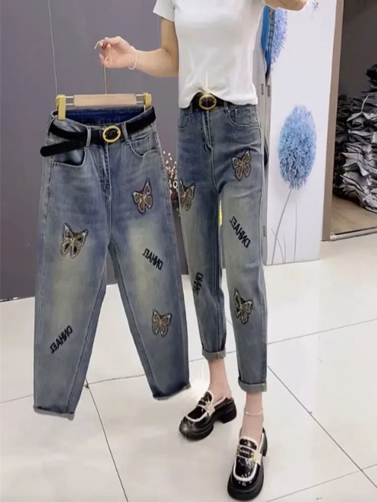 2024 Spring/Summer New Jeans Women's Heavy Industry Hot Rolled Diamond Butterfly Embroidery Letter High Waist 9-point Pants