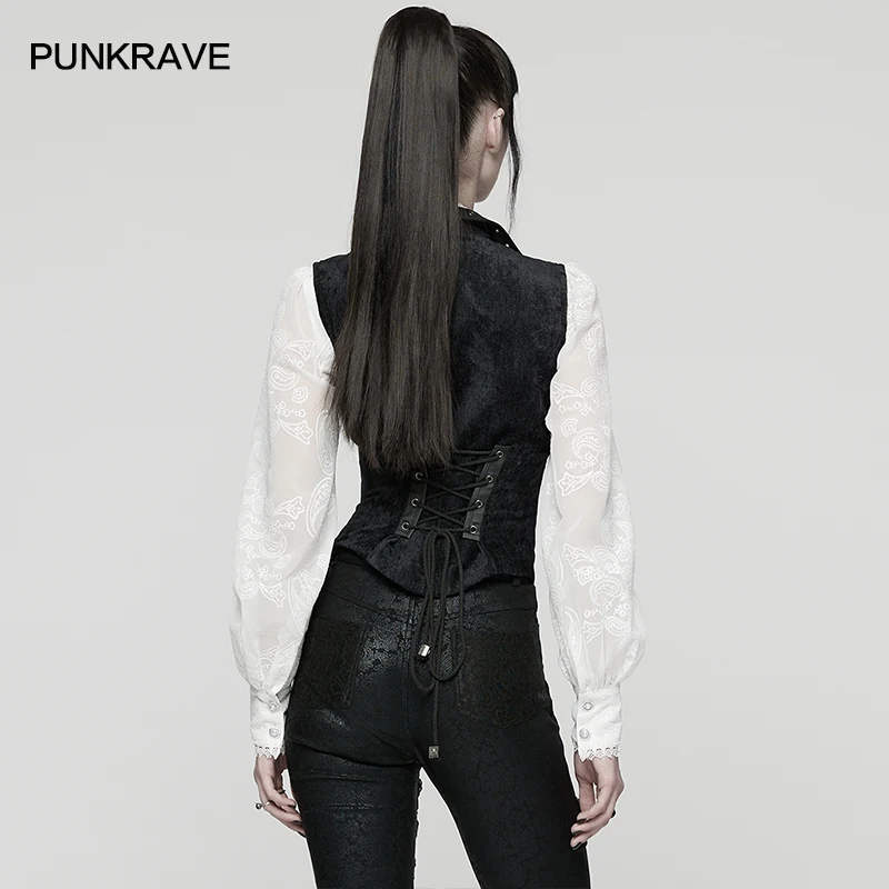 펑크 레이브 여성용 펑크 가죽 느낌 직조 & 벨벳 크랙 불규칙 밑단 조끼 메탈 아일렛 조절 가능한 드로스트링 클럽 조끼