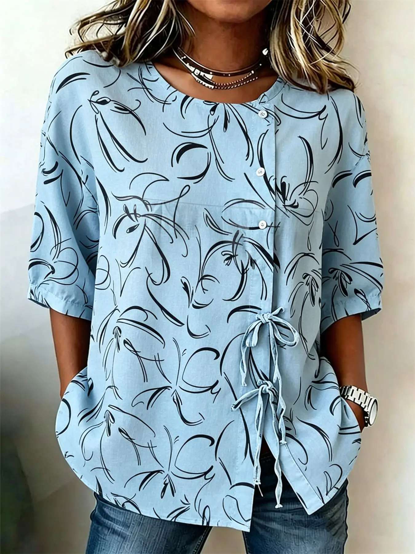 Women's Light Blue Abstract Line Print Drawstring Button Up Blouse, Casual Round Neck Tops for Spring Summer Daily Vacation Wear