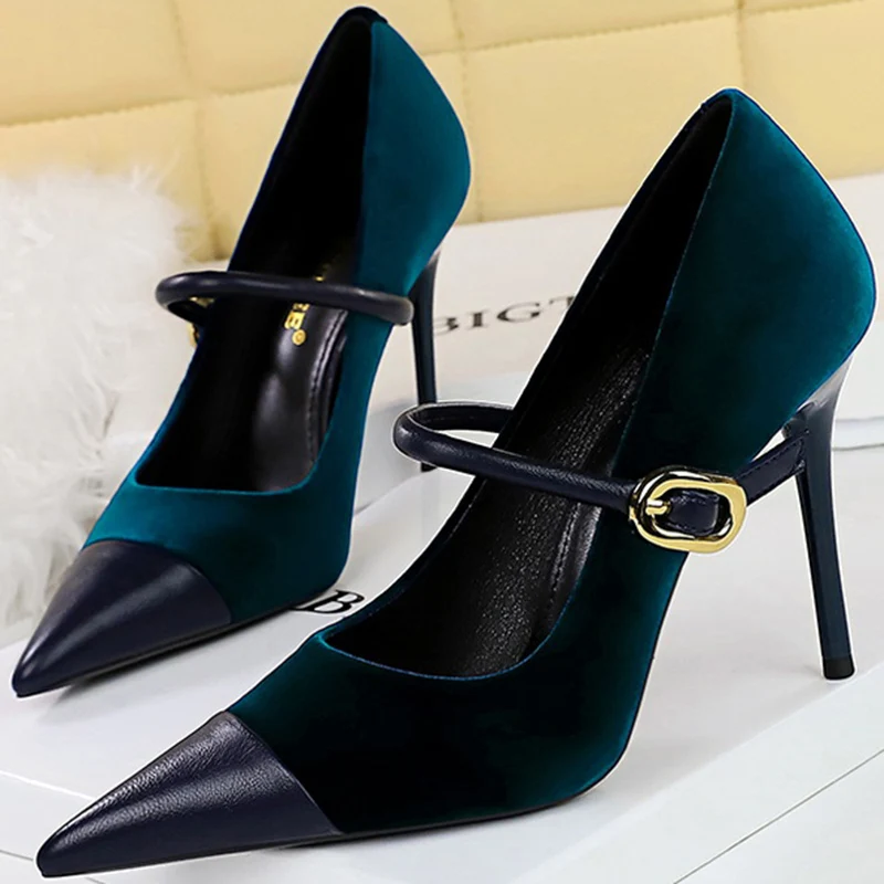 Korean Version Party 10cm 7cm High Heels Women Shoes Thin Heels Velvet Shallow Montage Pointed Toe Metal One-line Buckle Pumps