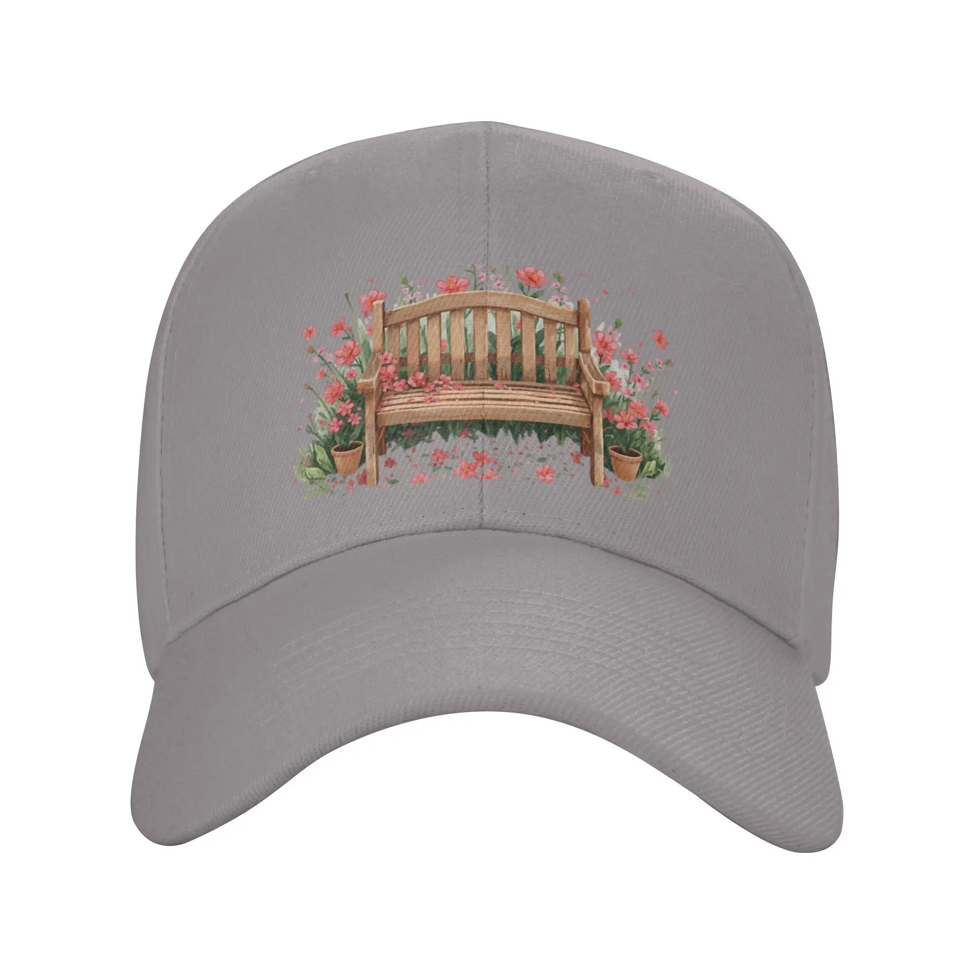 Cozy Wooden Bench in Blooming Garden Trendy Baseball Cap Morning Exercise Teenagers Headwear