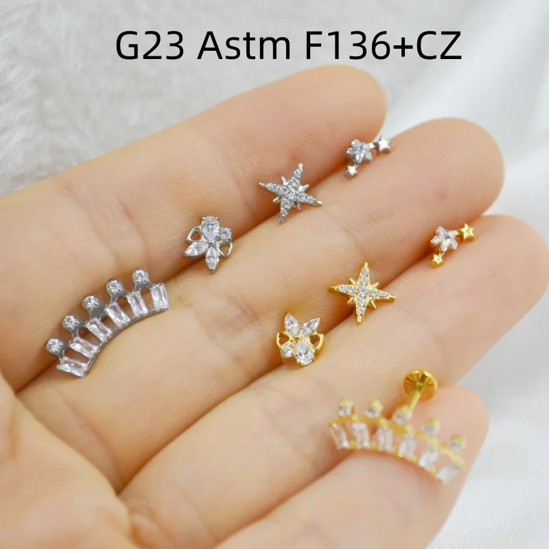 10pcs G23 Titanium Astm F136 CZ Lip Labret Ring Bar Ear Cartilage Helix Rook Tragus Studs 16G Body Piercing Jewelry