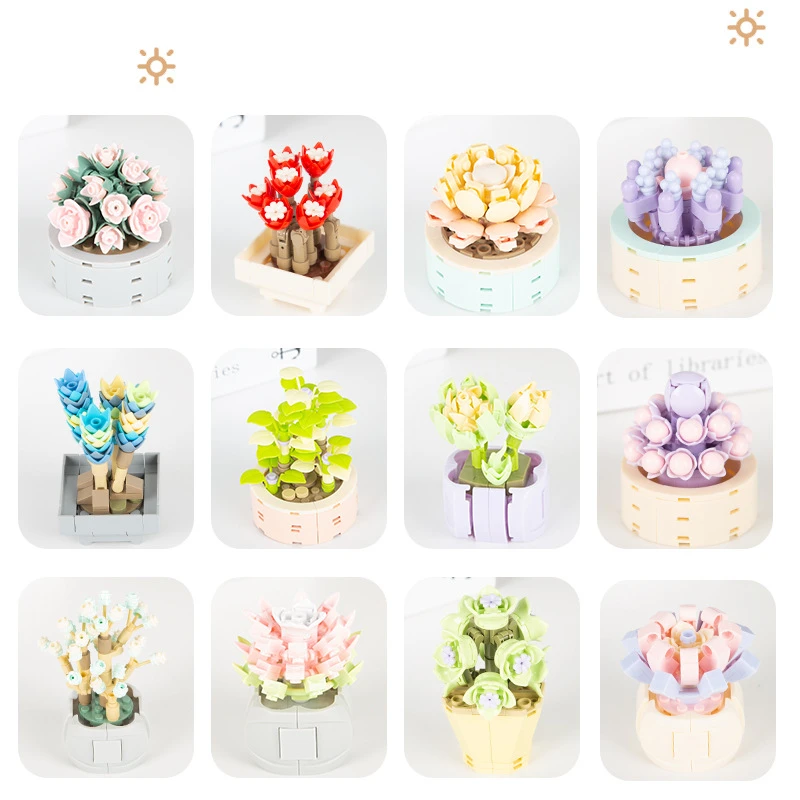 DIY MOC Potted Plants Succulents Cactus Gypsophila Bonsai Tree Gardens Romantic Building Blocks Model Bricks Kids Sets Kits Toys