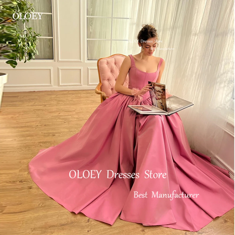 

OLOEY Elegant Hot Pink Taffeta Evening Dresses Straps Photoshoot Wedding Party Floor length Prom Gowns Formal Occasion Party