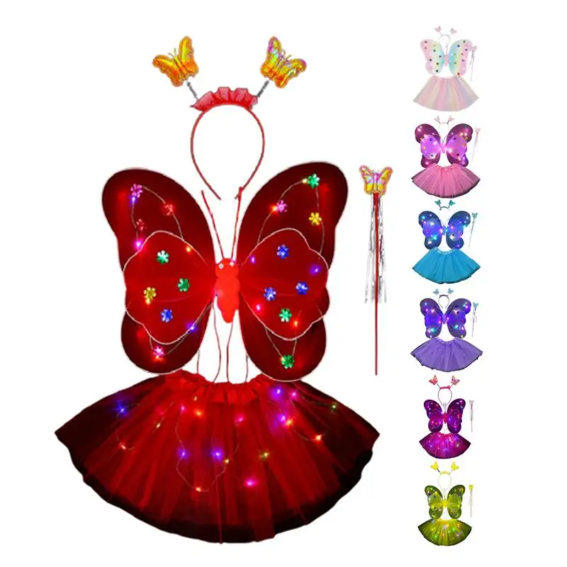 

4PCS Fairy Wings For Girls Butterfly Fairy Costume Glowing Wings Tutu Skirt Wand Headband Fancy Dress Set For Girls 3-8 Gifts