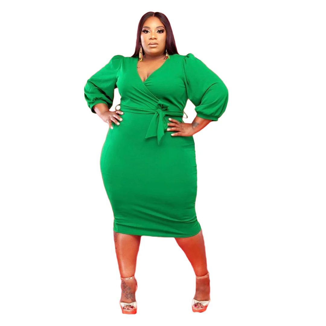 Plus Size Women's Dresses Fashion Casual Bubble Sleeve Loose Dress V-neck Solid Color Large Size Female Elegant Dresses 2023