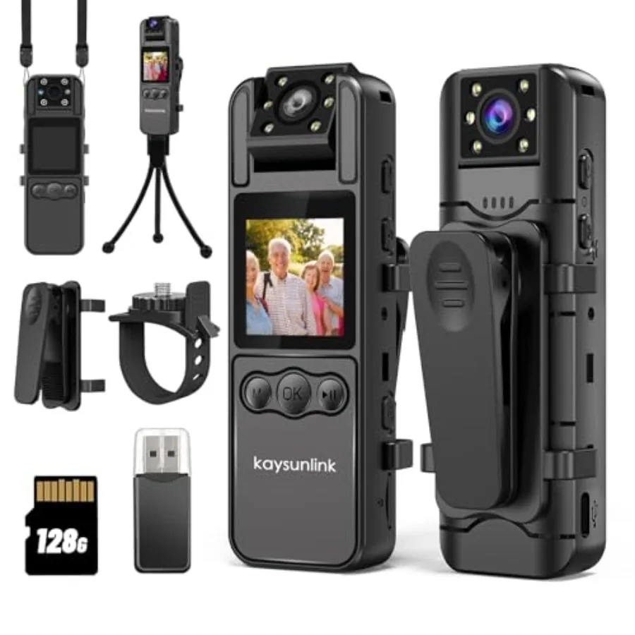 Body Camera for law enforcement use, ABS plastic, black, 1080P FHD recording with audio, compact wearable design, 128GB storage