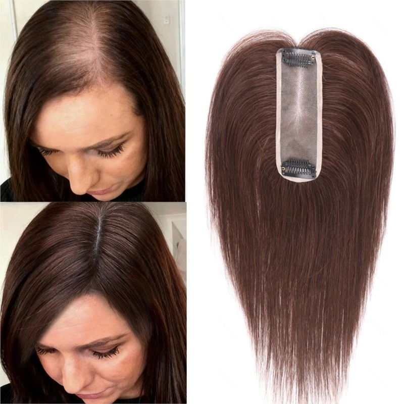Adorno de cabello humano marrón para mujer, cabello virgen Premium, Base Mono de 4x13cm, transpirable para línea de cabello fina/cubierta de cabello gris en la parte del cabello