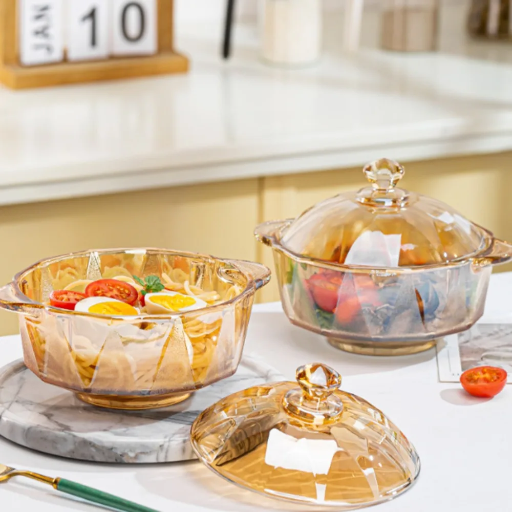 

Household Amber Glass Soup Bowl Heat-resistant Diamond Pattern Instant Noodle Bowl with Lid Binaural Handle Salad Bowl Snack