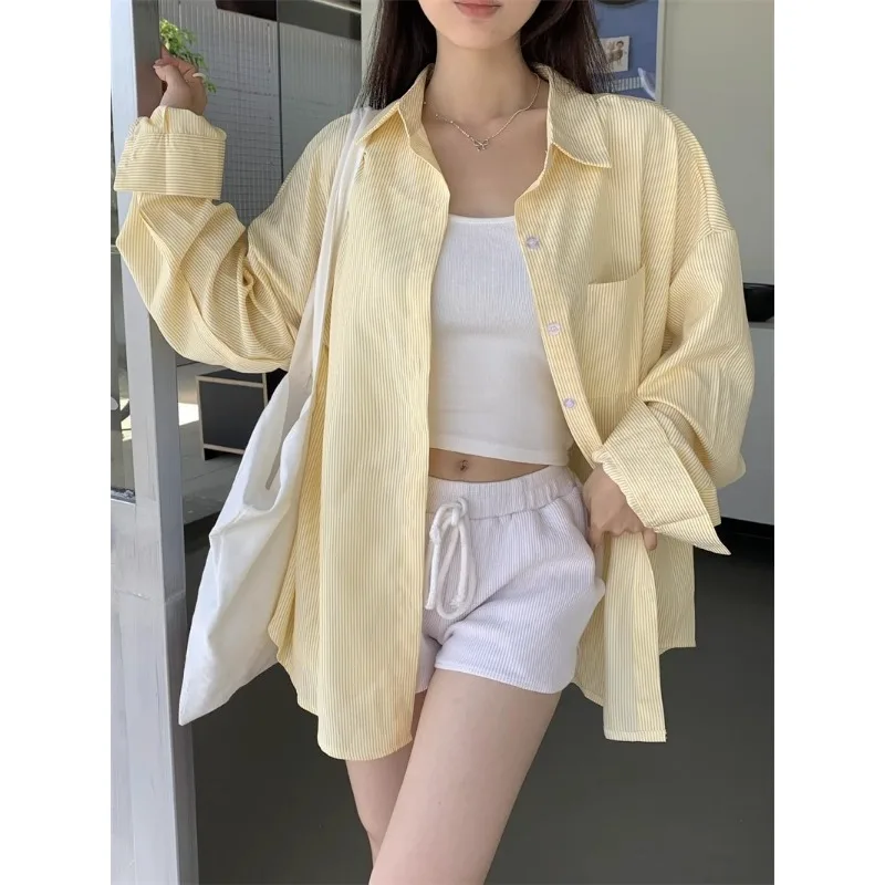 

Autumn Sunscreen Women's Shirts Korean Striped Blouse Y2K Streetwear Woman Top Lapel Neck Fashion Casual Button Women's Cardigan