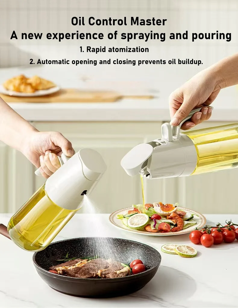 Spray Oil Bottle for Home, Food-Grade Kitchen Spray and Pour Dual-Use Leak-Proof Glass Oil Bottle with Atomization