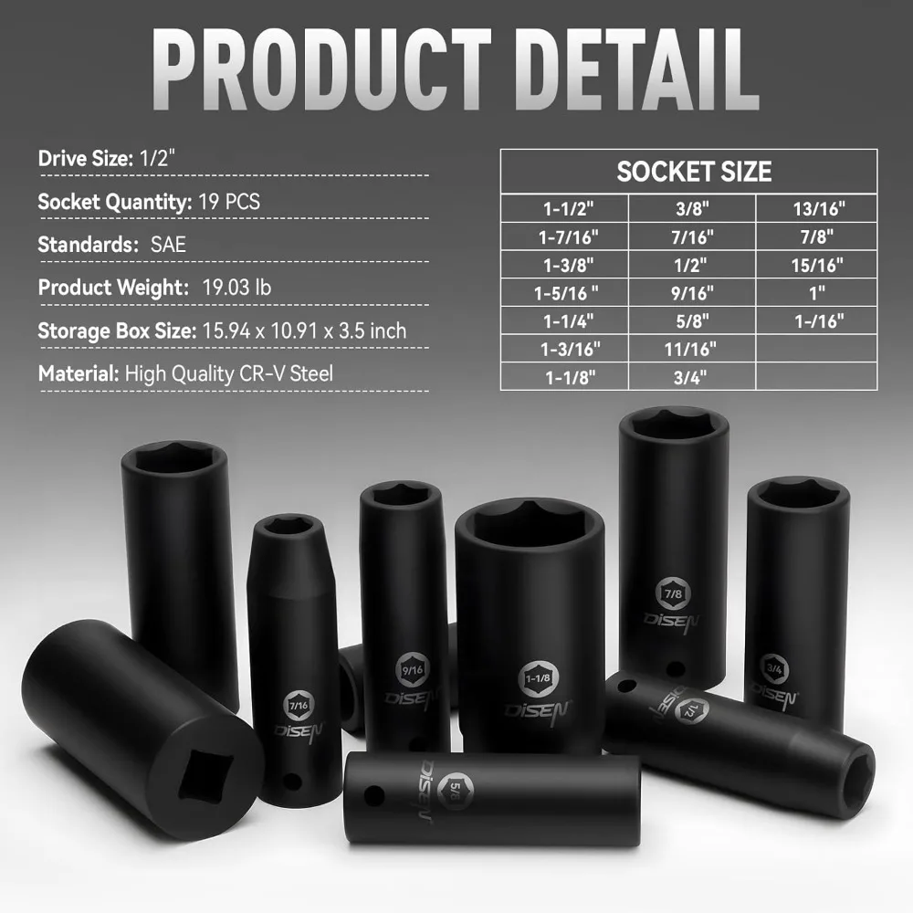 19피스 1/2인치 드라이브 딥 임팩트 소켓 세트, SAE 사이즈 3/8-1-1/2인치, 크롬-바나듐 강철, 보관 케이스 포함