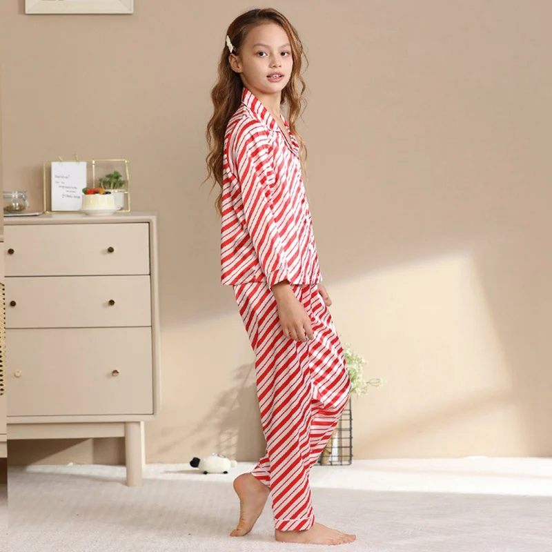 2PCS/SET Silk-like Long Sleeves Top Pants Pajamas for Kids Girls Soft Home Hotel Loose Comfort Sleepwear for Children Night